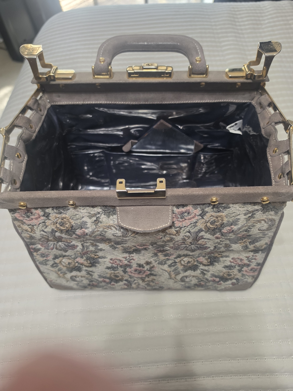 Floral Tapestry Top-Handle Vanity Bag in Taupe and Rose